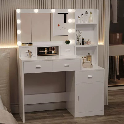 Tocador De Maquillaje Moderno Con Espejo Led Y Portasecadora Blanco