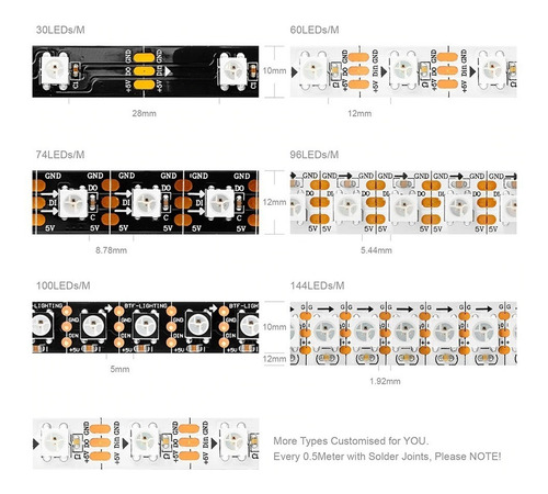Imagen 6 de 6 de Cinta Led Rgb 5mts Smd5050 Ws2812b 60/m No Waterproof