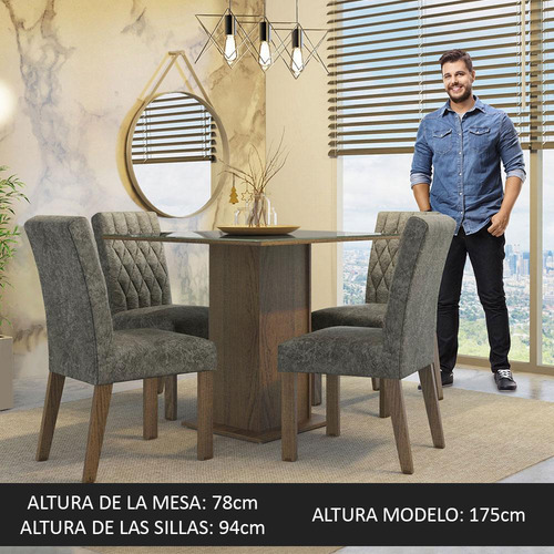 Juego de Comedor con Mesa Tablero de Vidrio y 4 Sillas Anaju Madesa Color Marron Gris Plata