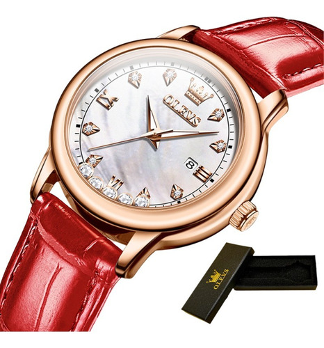 Relógios de couro luminoso Olevs Diamond com calendário de fundo vermelho