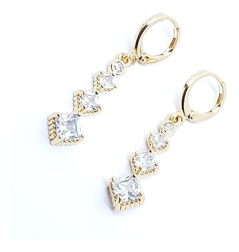 Aretes Largos 3 Cm Cristal Rombo De Oro Laminado +estuche 11