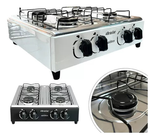 Fogão Portátil Braslar 4 Bocas A Gás Inox Branco