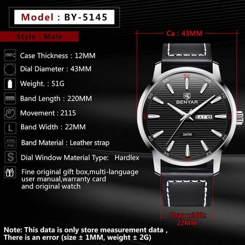 Relógio Masculino Benyar Pulseira De Couro Hardlex By-5145