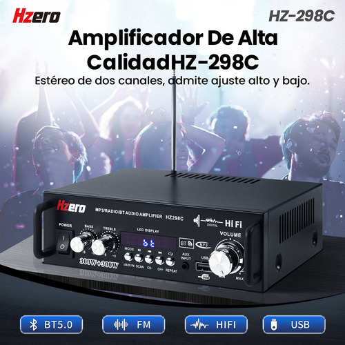 Amplificador De Audio Bluetooth Estéreo Hzero Hz298c 2.0 Canales, Hogar/coche, Compatible Con Usb/sd, Potencia Máxima 600 Wcon Cable De Alimentación De 110+12 V