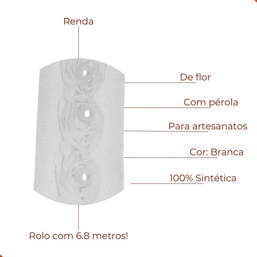 Renda De Flor Sintetica Com Perola - Rolo Com 6,8 Metros