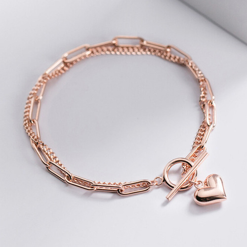 Brazalete Eslabones Y Charm De Corazón + Kit De Accesorios Color Rose 925 Diámetro 5.5 Cm Largo 17 Cm