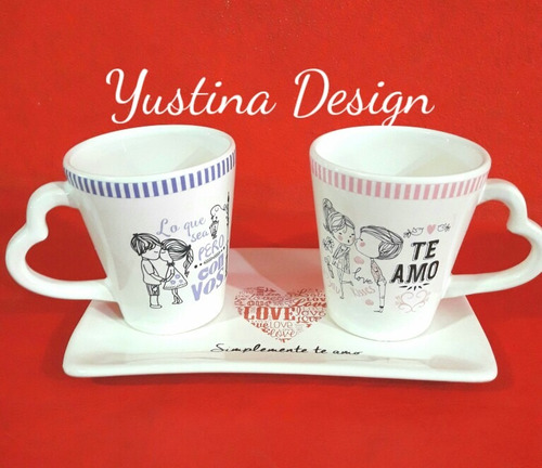 2 Tazas Con Bandeja Dia De Los Enamorados. Personalizadas.