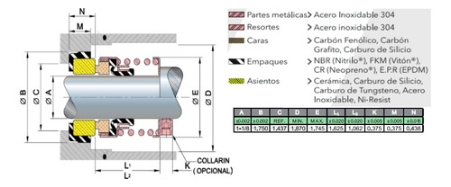 Sello Mecanico Largo Vazel Pt-0130 Linea A 1 1/8 Pulg