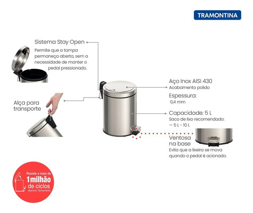 Lixeira 5 Litros Inox Com Pedal Tramontina