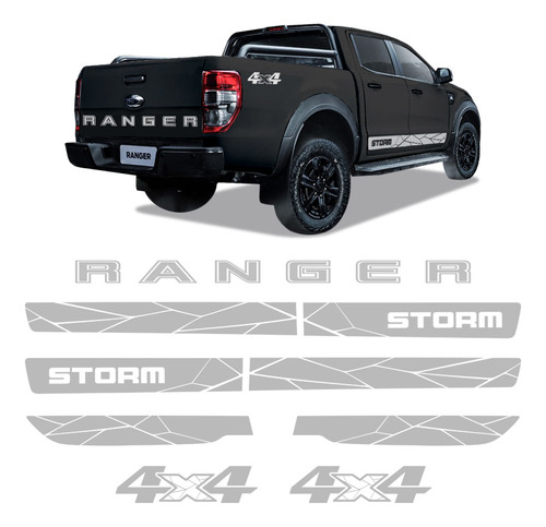 Faixa Ranger Storm 4x4 Adesivo Lateral, Traseiro, Capô Prata