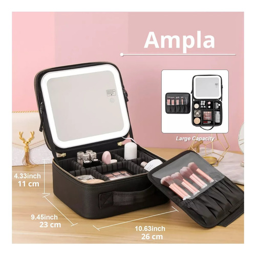 Bolsa De Cosméticos De Viaje Portátil Con Luz Y Espejo A