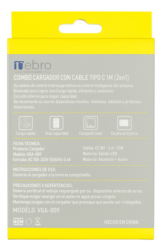 Cargador Rápido Usb Con Cable Tipo C 2.4a 1m Alta Potencia