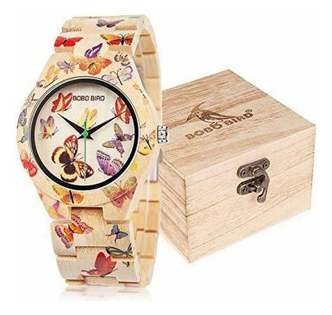 Bobo Pajaro Mujer Reloj De Bambu Grabado Mariposa Hechos A M