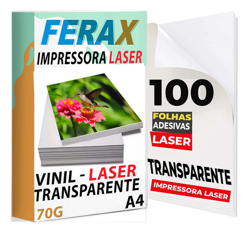 100 Vinil Adesivo Transparente 100% A4 Impressora Laser Ferax 70 g
