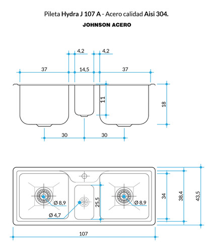 Bacha Pileta Triple Johnson Acero Inoxidable Hydra J 107 A