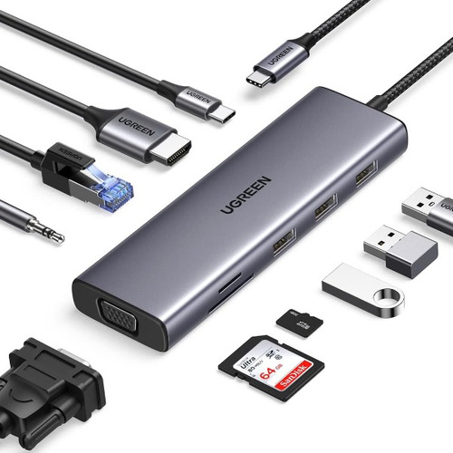 Hub 10 En 1 Ugreen 3 Usb-a, 1 Usb-c, 1 Hdmi 4k/60hz, Sd/tft