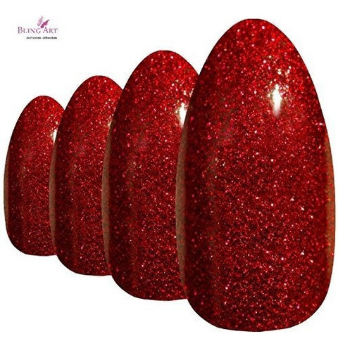 Bling Art Almond False Nails Fake Stiletto Gel Red Gel Glitt