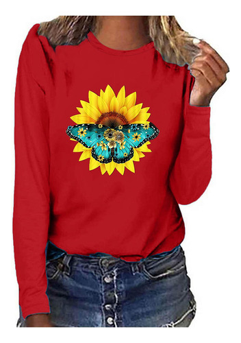 Camisa Otoño Para Mujer Sudadera Estampado Mariposa Girasol