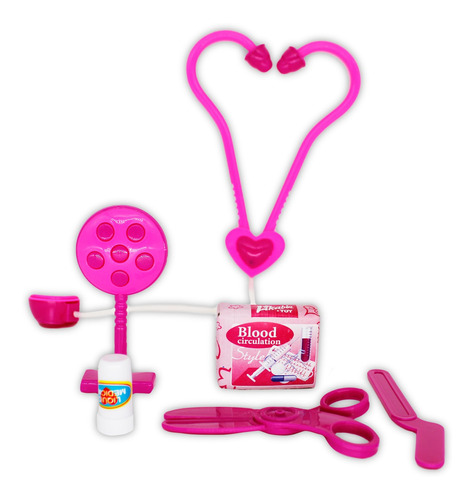 Imagem 1 de 7 de Brinquedo Kit Medico Pink 6pçs Estetoscópio Luz Cirúrgica