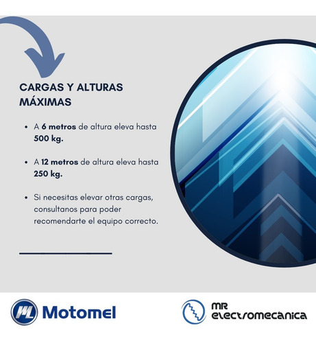 Malacate Aparejo Eléctrico Motomel 500 Kg 220v Monofásico - 12 Metros - Ideal Taller - Mae200 F