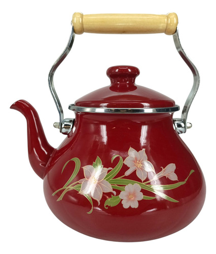 Pava Enlozada Tetera Francesa Decorada Eurokitchen 3 Lts Bordo Flores