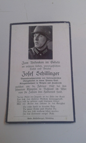 Cartão Falecimento Soldado Alemão Ww2 Josef Schillinger