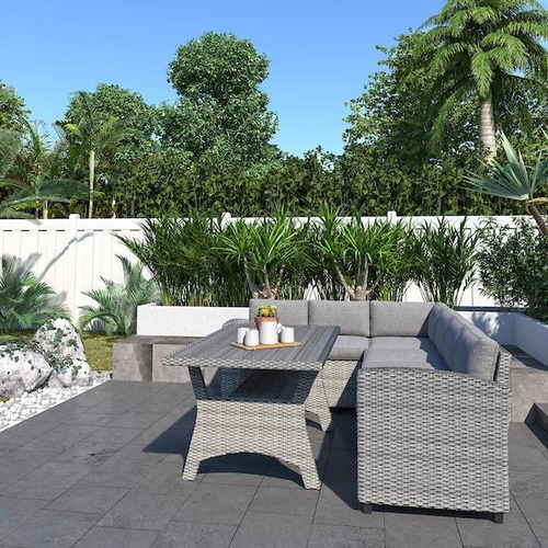 Sala de Jardin para 7 u 8 personas, Simil Rattan, Juego de Patio Exterior con Mesa y Cojines color Gris