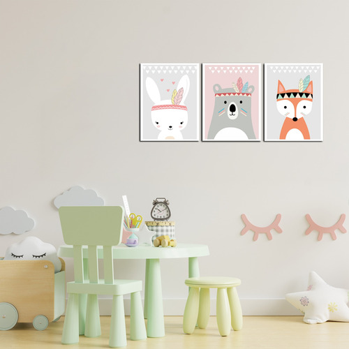 Imagen 3 de 3 de Triptico Cuadros Niños 40x30 Cms Set13 Conejo Zorro Oso
