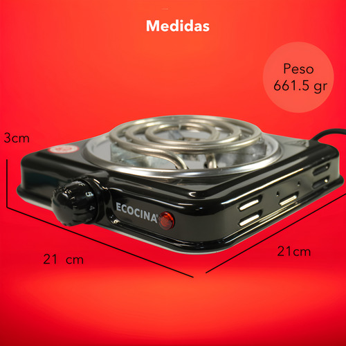 Parrilla Estufa Electrica 1 Quemador Acero Inoxidable 1000w Negro