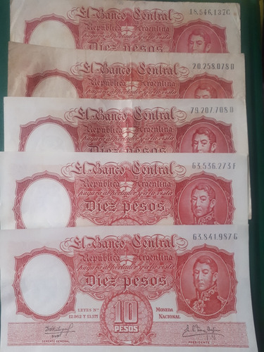 Billete Argentina $10 Moneda Nacional, Lote X 5 