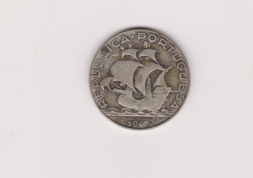 Moneda Portugal 5 Escudos Plata Año 1947 Bueno + Sucia