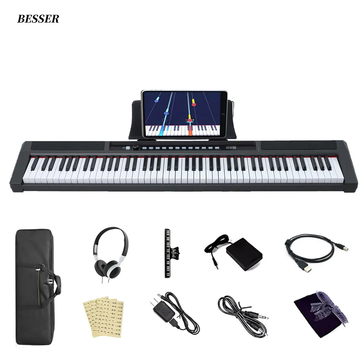 Besser Teclado Electrónico De 88 Teclas Con Sensibilidad A La Dinámica, Teclas Anchas De 20 Mm, Color Negro, Piano Digital Portátil Con Funciones Completas