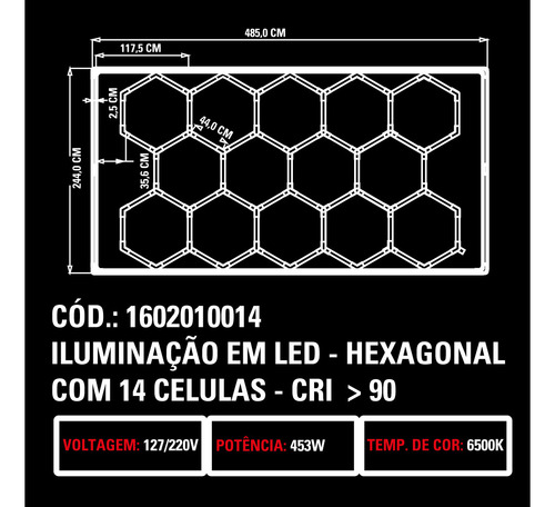 Led Hexagonal 14 Células Iluminação Teto Parede Oficina Sgt 110v/220v