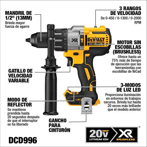 Rotomartillo 1/2 Premium Brushless 20v Max Dewalt Dcd996b