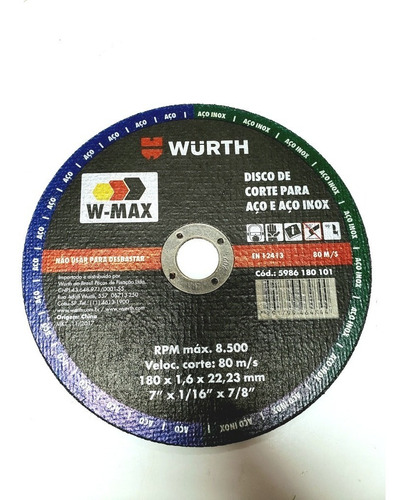 Disco de corte Wurth W-max de acero inoxidable, 180 mm x 22,2 mm, color negro