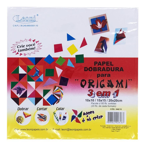 Papel Origami 3 Em 1 Leoni 60 Folhas 50g/m² 20x20cm