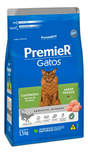 Ração Premier Ambientes Internos Gatos Castrados acima de 12 anos Frango 1.5kg