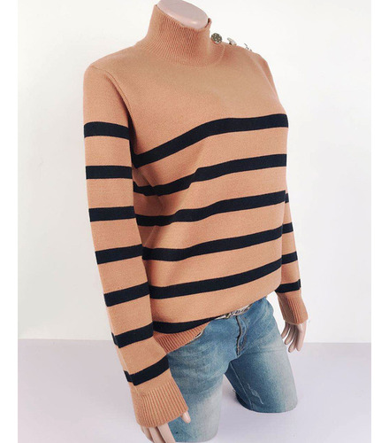 Jersey De Mujer A Rayas Con Cuello Alto Otoño E Invierno