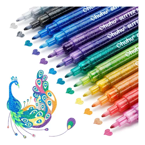  Rotulador de purpurina: Ohuhu 12 colores con purpurina,  marcador metálico, punta fina, tinta a base de agua, para niños y adultos,  manualidades, manualidades, tarjetas de cumpleaños, hacer póster, álbum,  álbumes de