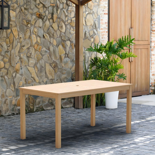 Mesa de Madera con Acabado de Teca para Exterior y Jardin, con Orificio para Sombrilla