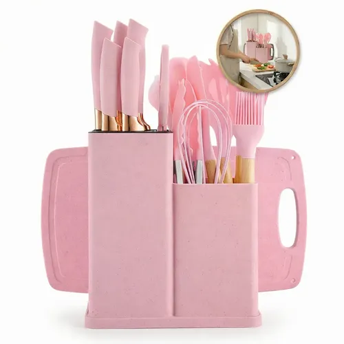 Kit De Utensílios De Silicone Shokki Com Cabo  De Madeira Rosa, 19 Peças Rosa-claro
