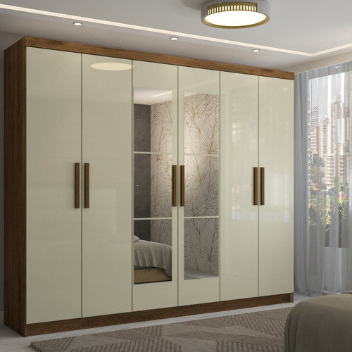 Guarda-roupa Casal Odisseia 6 Portas 2 Gavetas Com Espelho Cor Bege