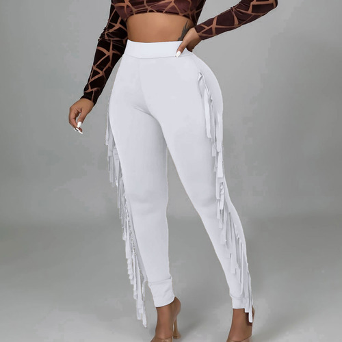 Pantalón De Vendaje Ajustado Con Flecos De Color Liso De Alt