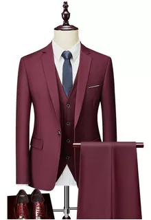 Traje De Novio Para Hombre Business 3 Piezas, Rojo Vino