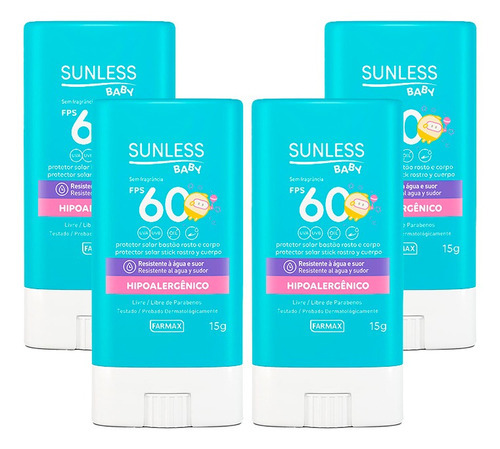 Protetor Solar Infantil Sunless Baby Bastão Fps60 15g 4 Uni