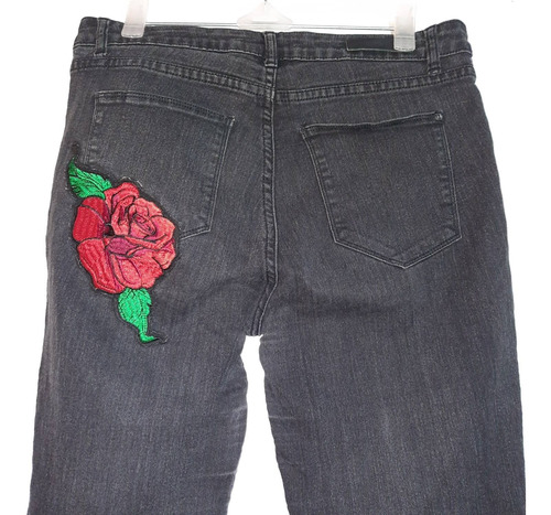 Pantalon Jean Dama Americanino Negro Gastado Parche Flor T32