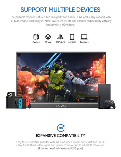 Monitor Portable Arzopa A1 15.6 1080p Ips Minihdmi Usb C