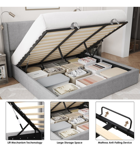 Bed Frame King Size Con 2 Luces De Lectura Color Gris