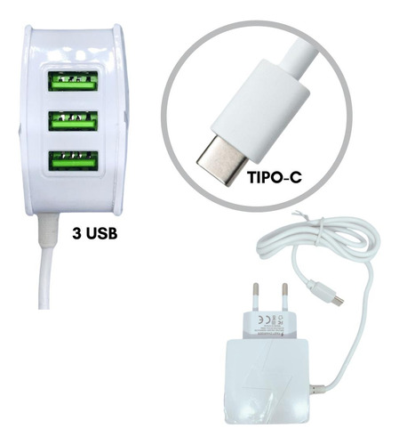 Carregador Tipo C De Celular Rápido Com 3 Entrada Para Usb