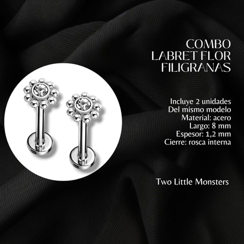 Combo Labret Piercing Flor Filigranas Cristal 8mm Gris